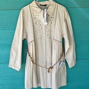 ZARA BABY DOLL EMPIRE WAIST SHIRT DRESS WITH MACRAMÉ BELT NEUTRAL SIZE XL NWT